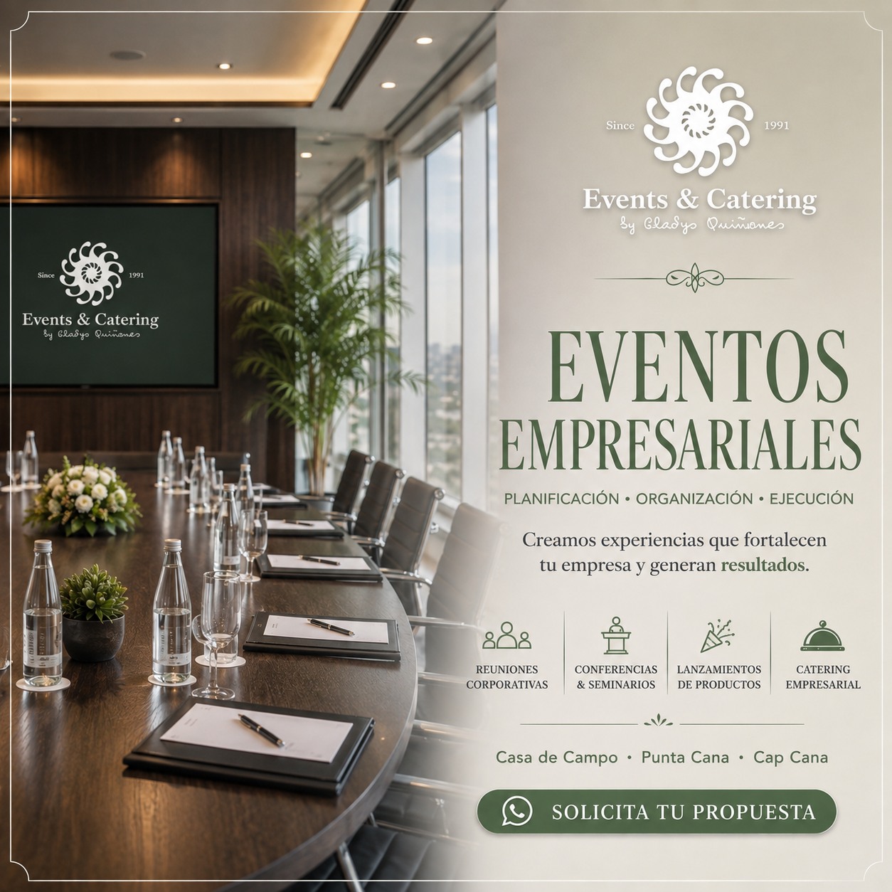Tu empresa también merece experiencias a la altura de su marca. ✨

Diseñamos, organizamos y ejecutamos eventos empresariales que conectan personas, fortalecen relaciones y dejan una impresión memorable.

Desde reuniones corporativas y conferencias hasta lanzamientos de productos y servicios de catering empresarial, nos encargamos de cada detalle.

🤝 Reuniones corporativas
🎤 Conferencias & seminarios
🚀 Lanzamientos de productos
🍽️ Catering empresarial

📍 Casa de Campo · Punta Cana · Cap Cana

Planificación. Organización. Ejecución.

Convierte tu próximo evento empresarial en una experiencia que represente lo mejor de tu empresa.

📲 Solicita tu propuesta.

#EventsAndCatering #EventosEmpresariales #CorporateEvents #CateringEmpresarial #EventosRD #PuntaCana #CasaDeCampo #CapCana
