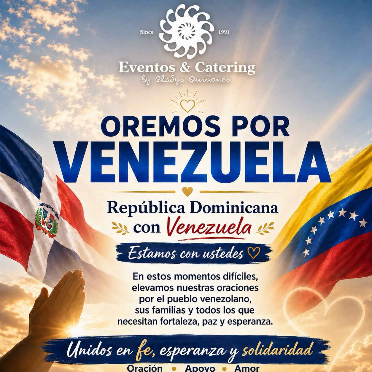 En los momentos difíciles, la empatía y la fe nos unen más allá de las fronteras. 🇩🇴🤝🇻🇪

Hoy unimos nuestros corazones y elevamos una oración sincera por todo el pueblo venezolano, sus familias y cada persona que hoy necesita fortaleza, paz y una luz de esperanza.

Desde la República Dominicana, les abrazamos a la distancia. No están solos. ¡Estamos con ustedes! ❤️✨

#OremosPorVenezuela #RepublicaDominicana #Solidaridad #FeYEsperanza #UnidosEnOracion